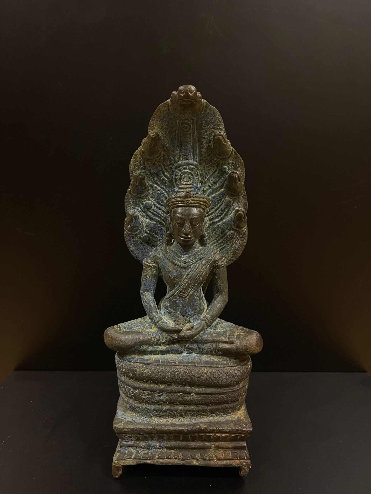 Bronze seated Naga Buddha on high pedestal-7198
